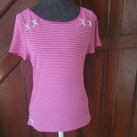 Lauren Ralph Lauren Pink Striped Womens Top With White Bow Accents Size M - Picture 1 of 5